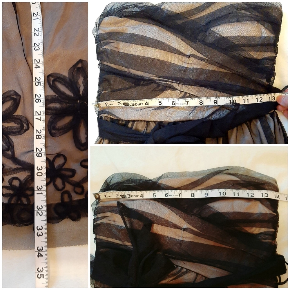 Mystic Black Beige Lace Floral Strapless Cocktail Midi Dress w Ribbon, Size S - Picture 5 of 12